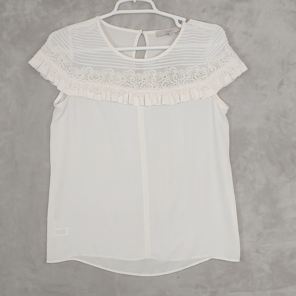 Women's Loft White Top Sz XXSP Floral Lace Cap Sleeve Round Neckline NWT $54.50